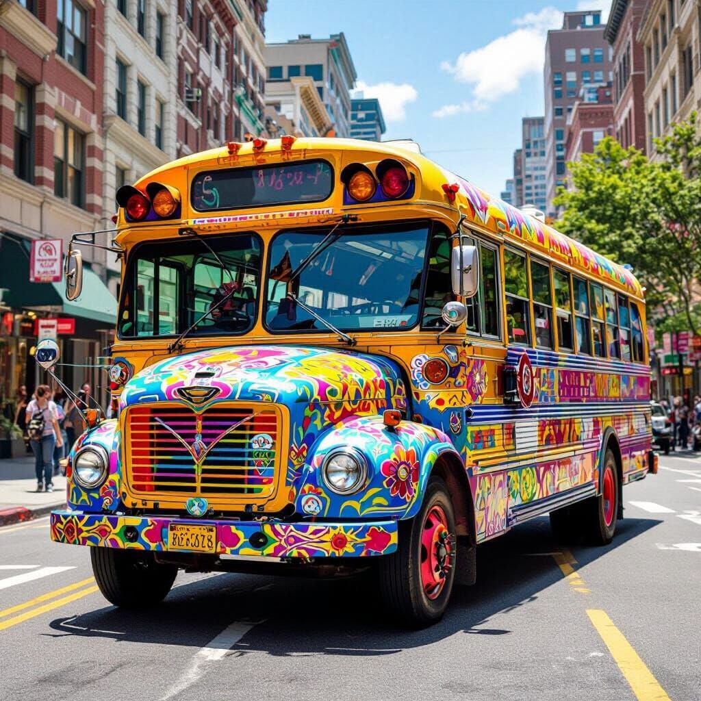 Colorful Bus in Surreal Pop Art Style