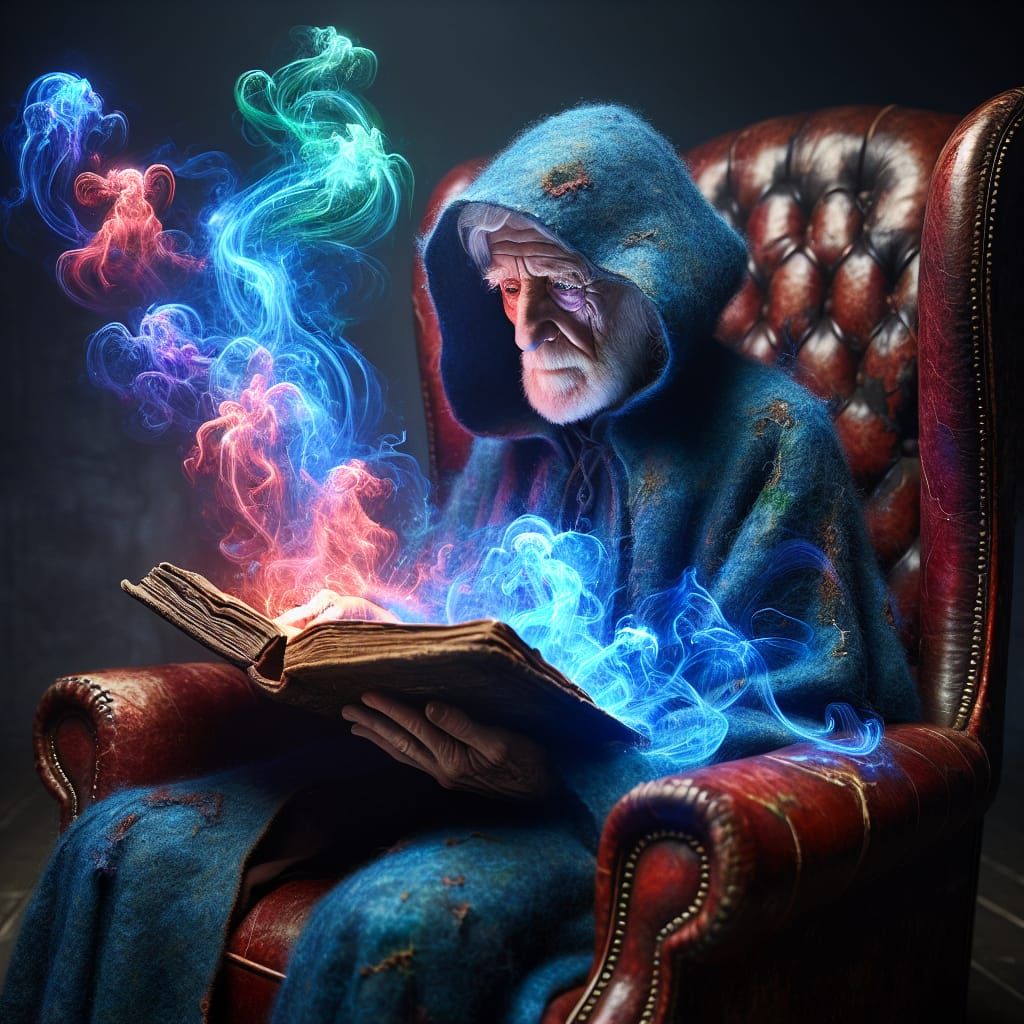 Hyperrealistic Wizard Immersed in Spell Book