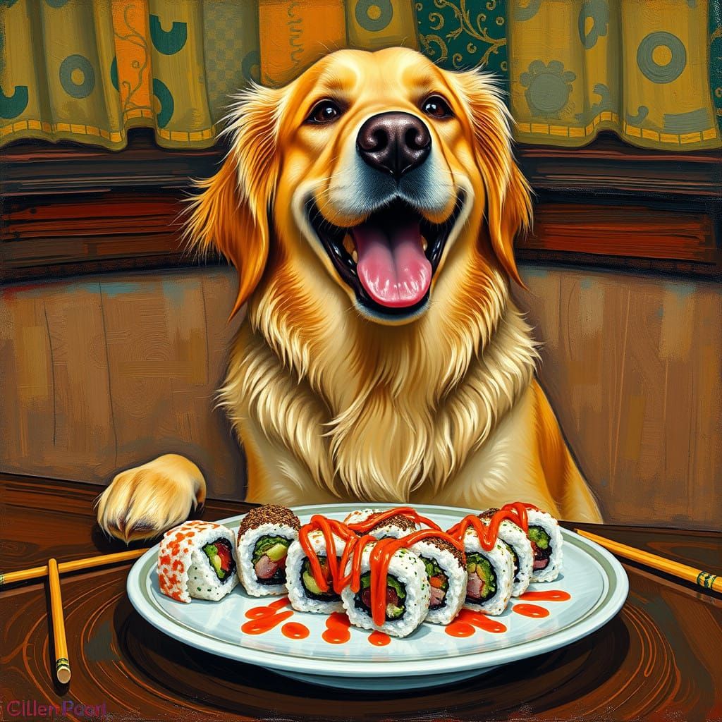 Golden Retriever in Whimsical Neo-Impressionist Sushi Scene