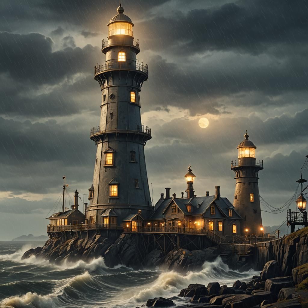Steampunk Lighthouse on a Stormy Night