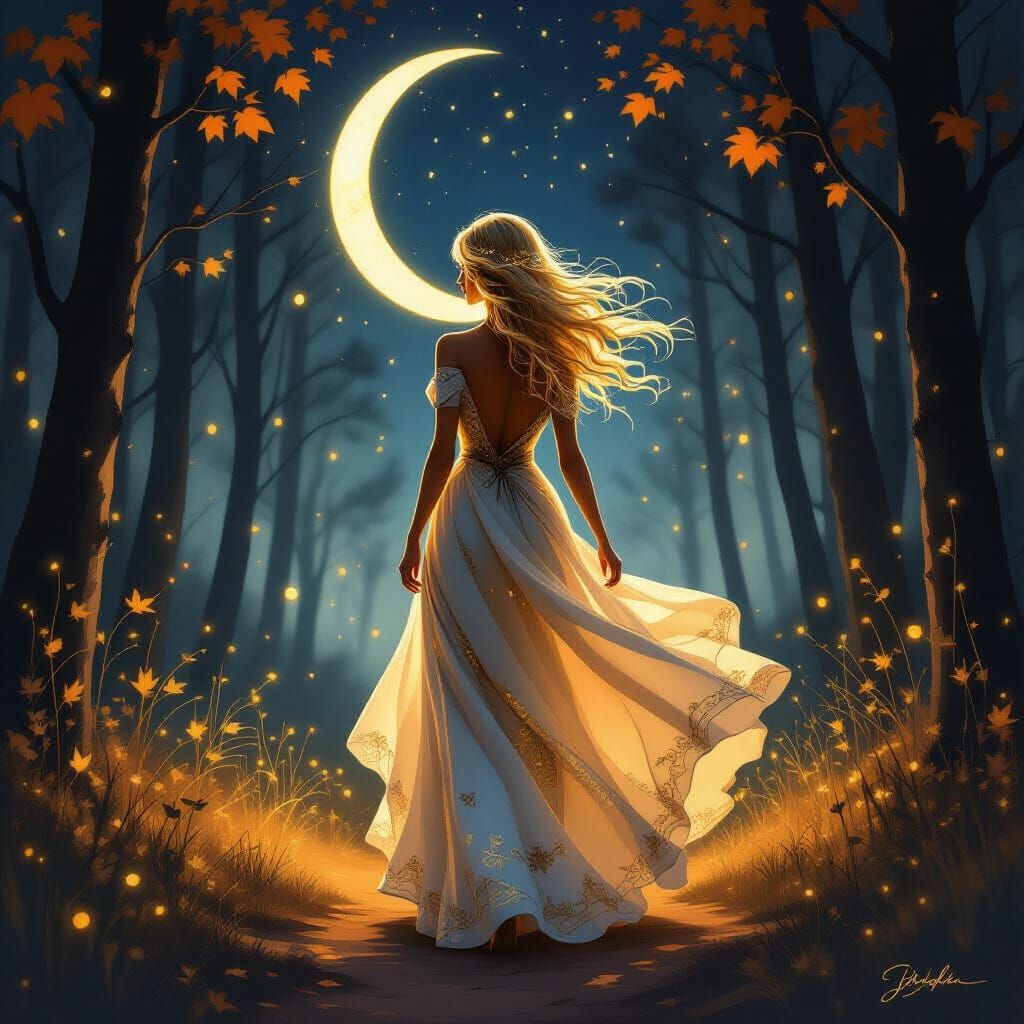 Ethereal Woman Under Crescent Moon in Golden Autumn Light