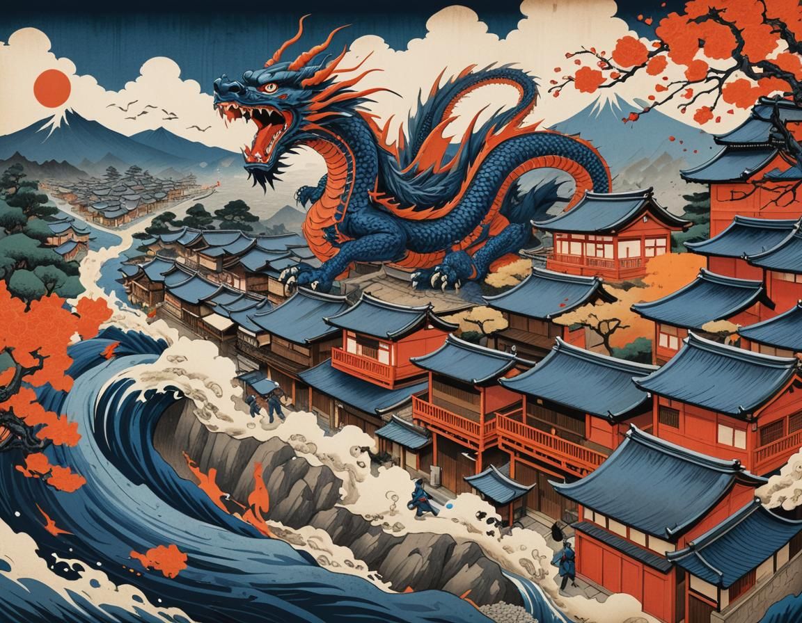 Dragon Attack on Japanese Village in Ukiyo-e Style
