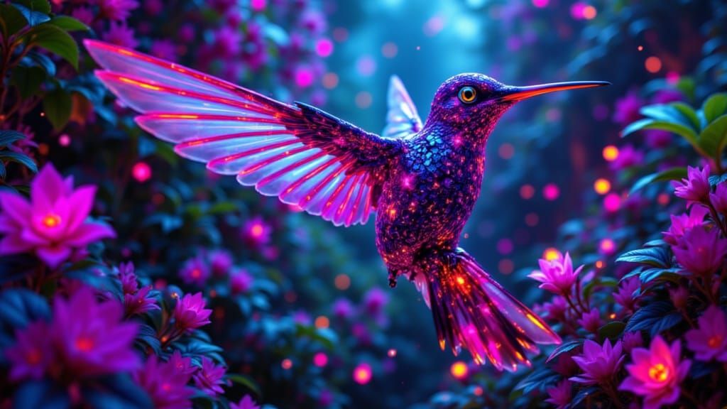 Cybernetic Hummingbird in Bioluminescent Jungle, Hyperrealis...