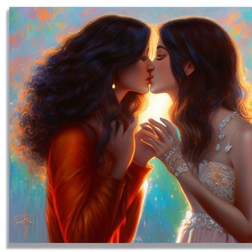 Two Women Kissing with Engagement Ring in Expressionist Styl...
