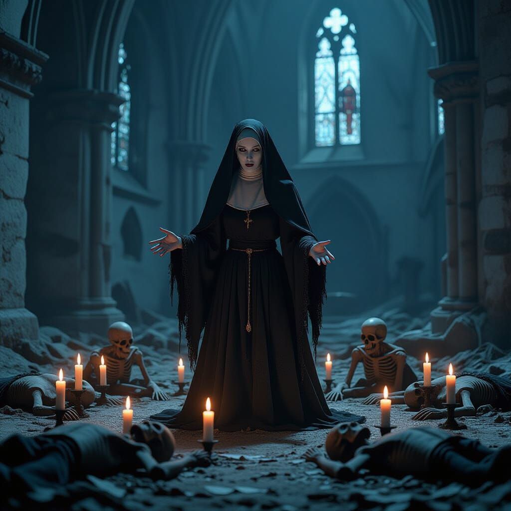 Ghostly Nun's Dark Ritual in Ruined Church