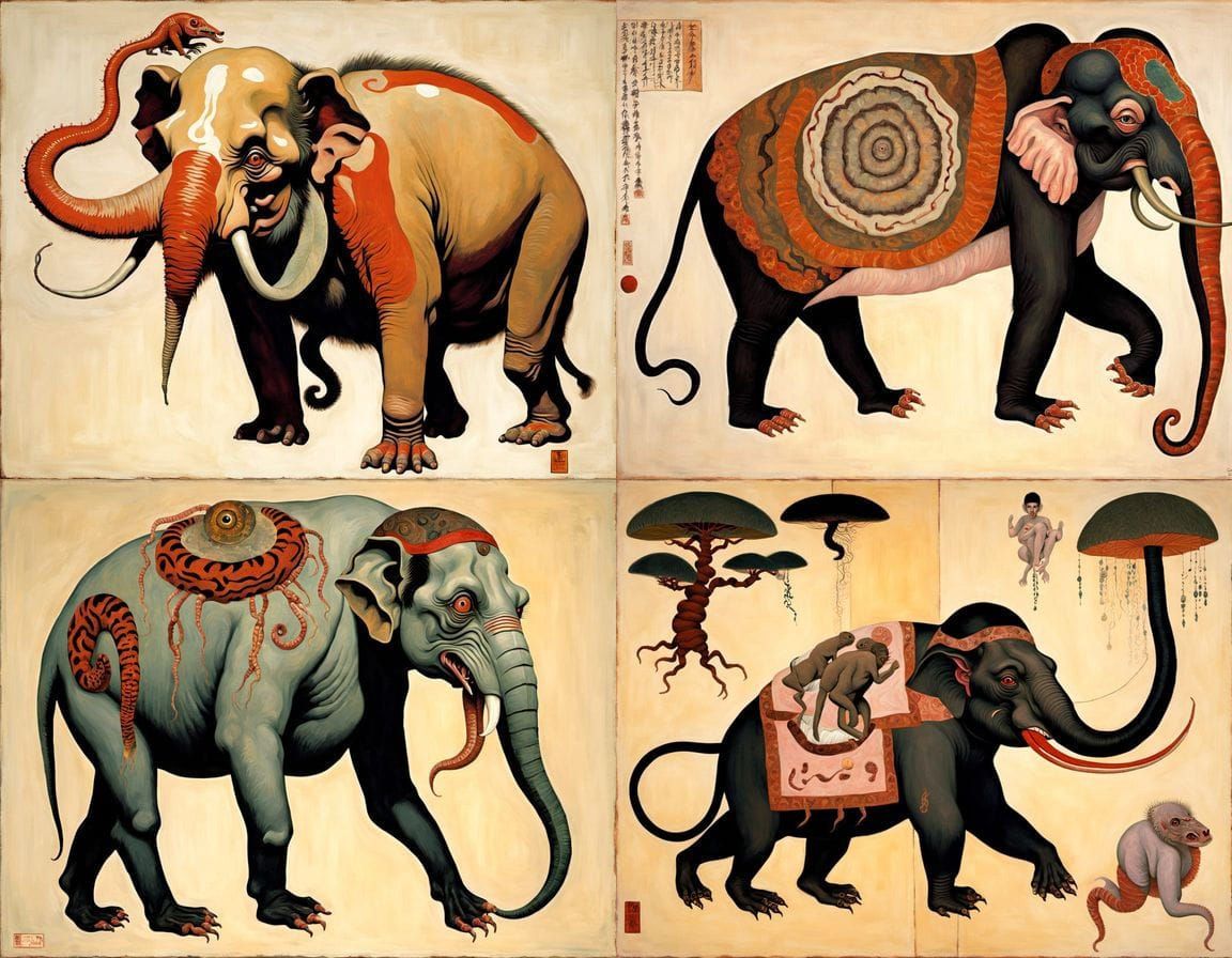 Surreal Ukiyo-e Style Mythical Creatures in Oil Painting