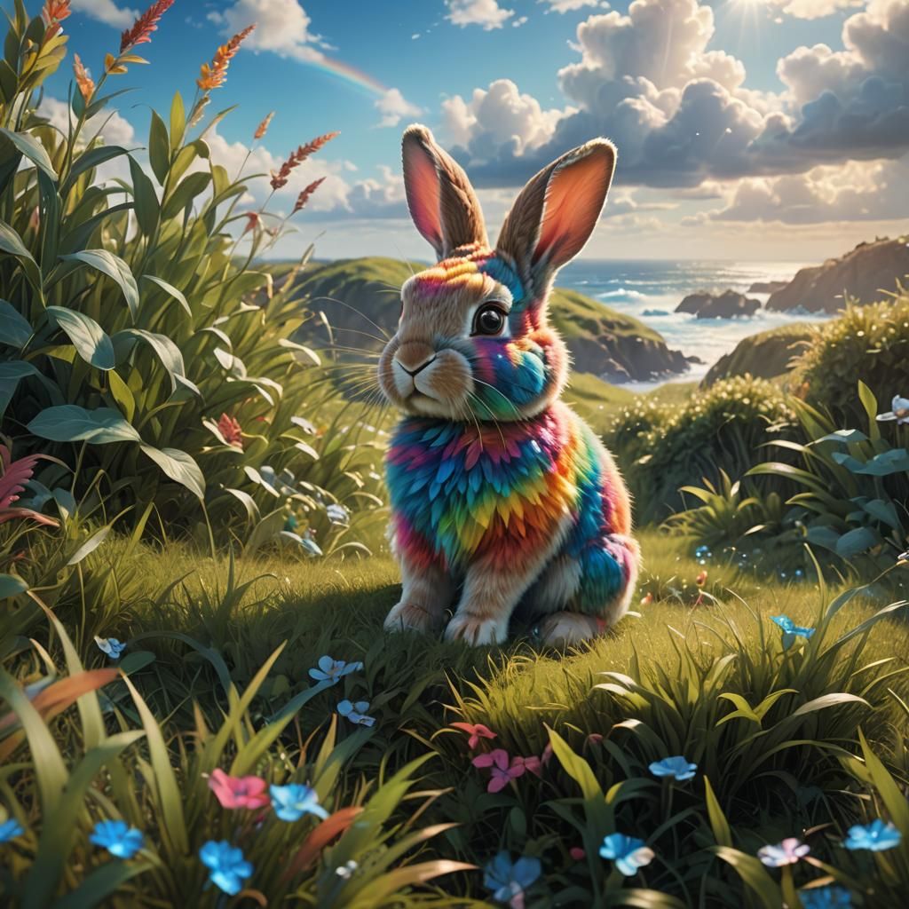 Rainbow Bunny in Dreamlike Landscape: Digital Matte Painting