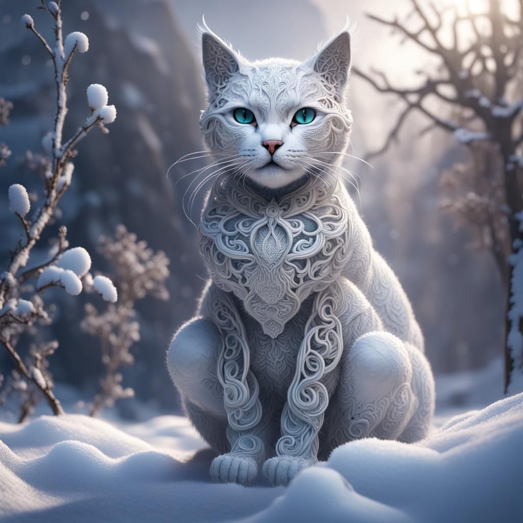 cat made of lace, snow