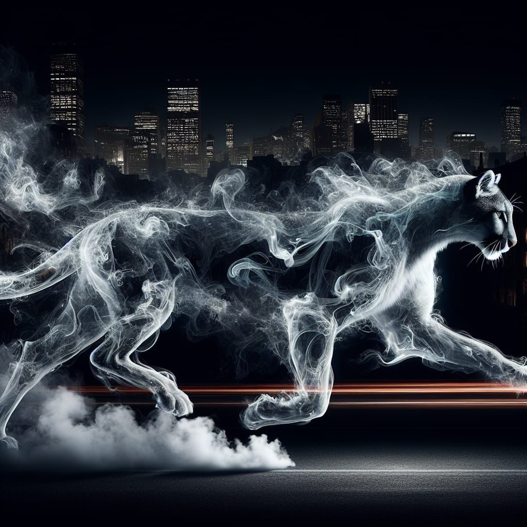 Ethereal Spectral Cat Galloping Through Dark City