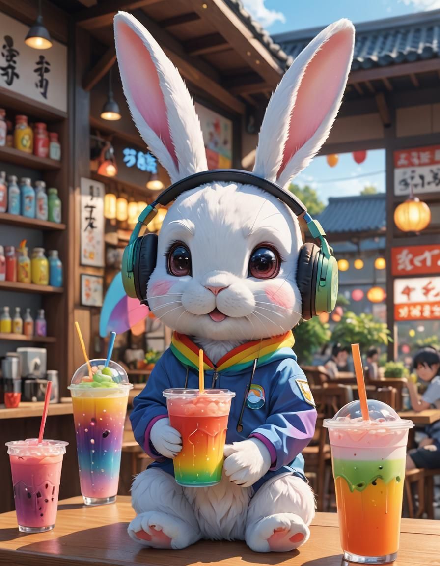 Rainbow Rabbit with Boba Tea: 3D Anime Art