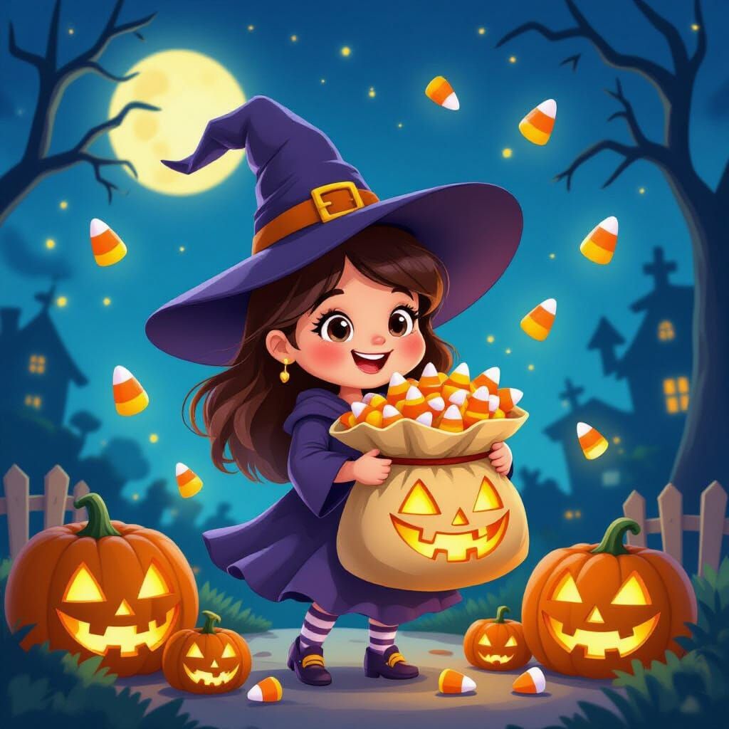 Cute Halloween Witch With Candy Corn In 90s Cartoon Style