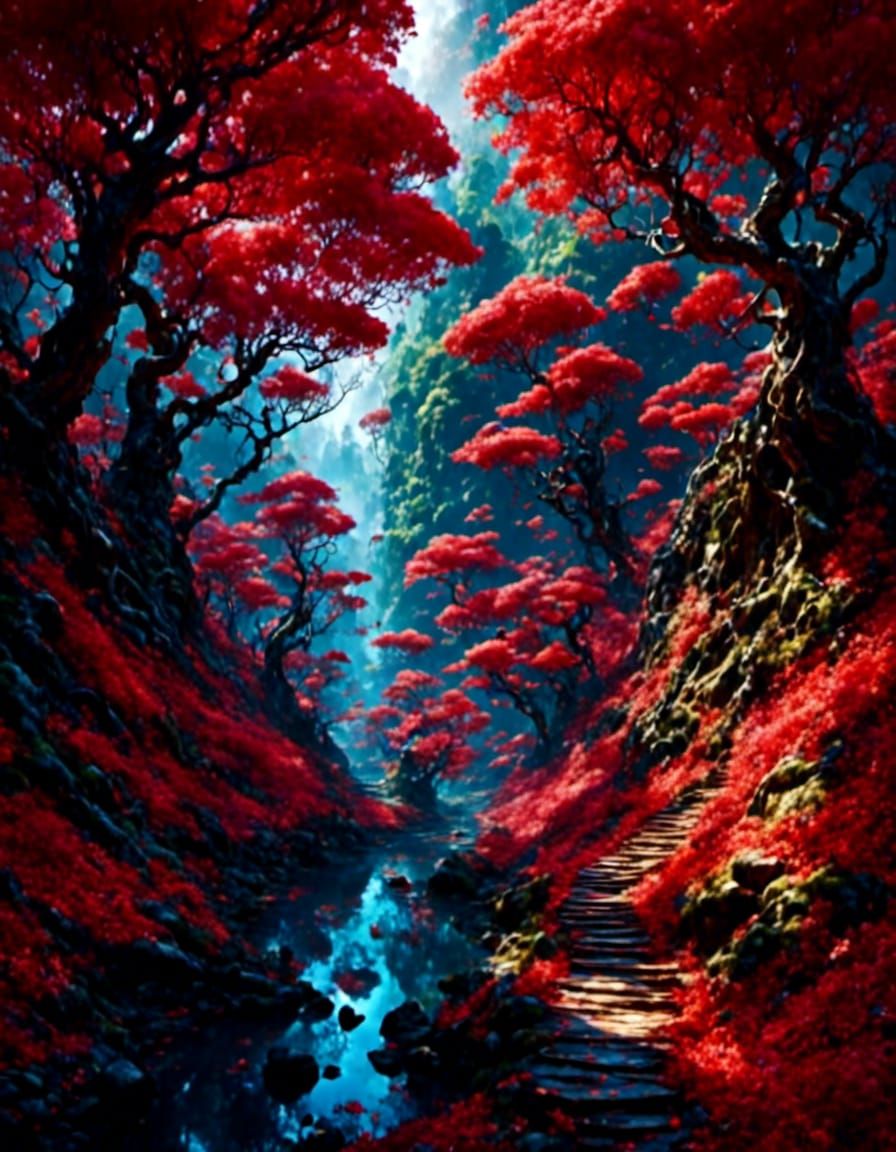 Forest with Personified Trees and Red Leaves