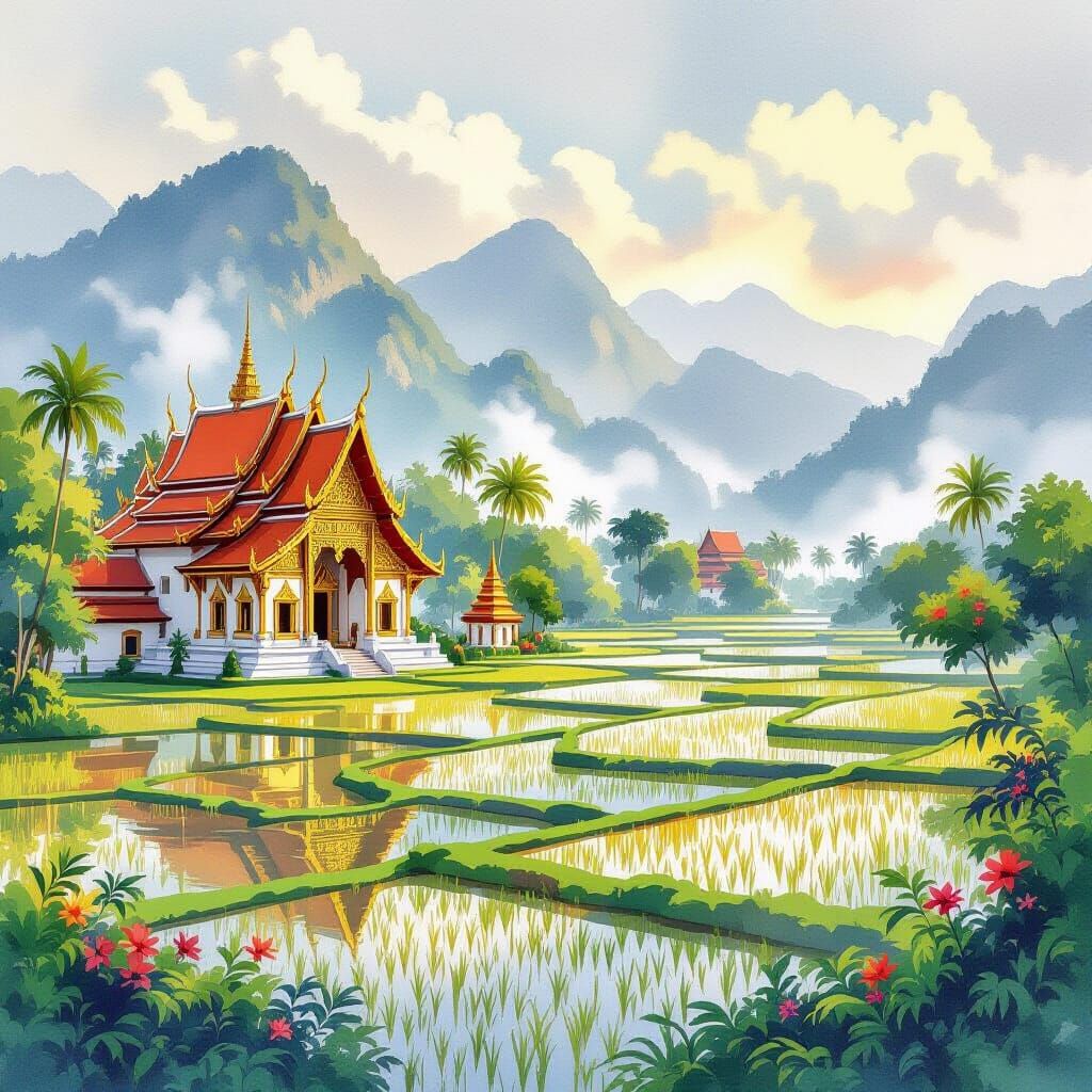 Misty Thai Rice Fields: Digital Art Landscape