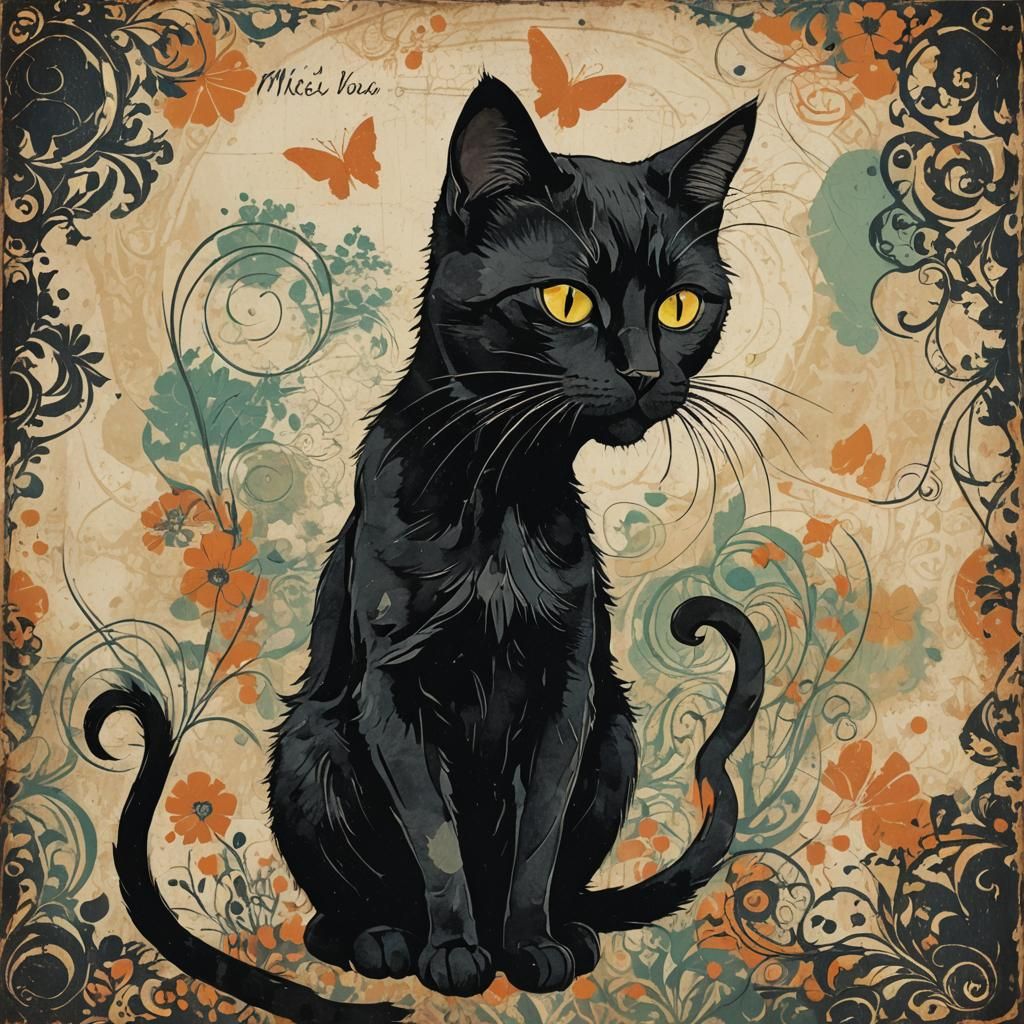 Vintage Black Cat Artwork with 'I Miss You'