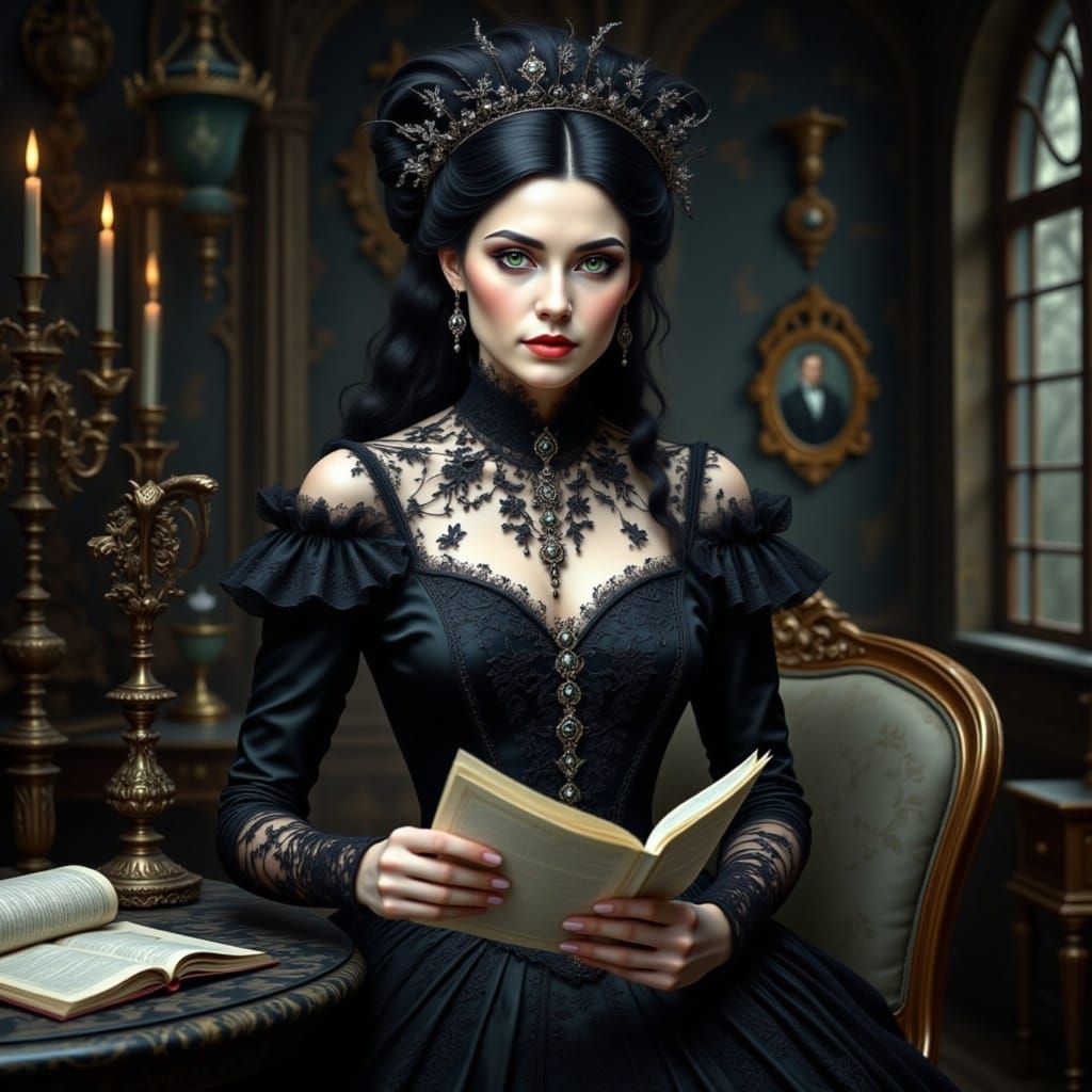 Elegant Victorian Gothic Lady Reads Reports of Chaos