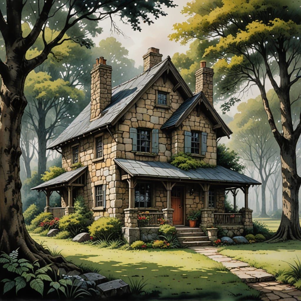 Rustic Stone Cottage in Southern Style, Watercolor Sketch