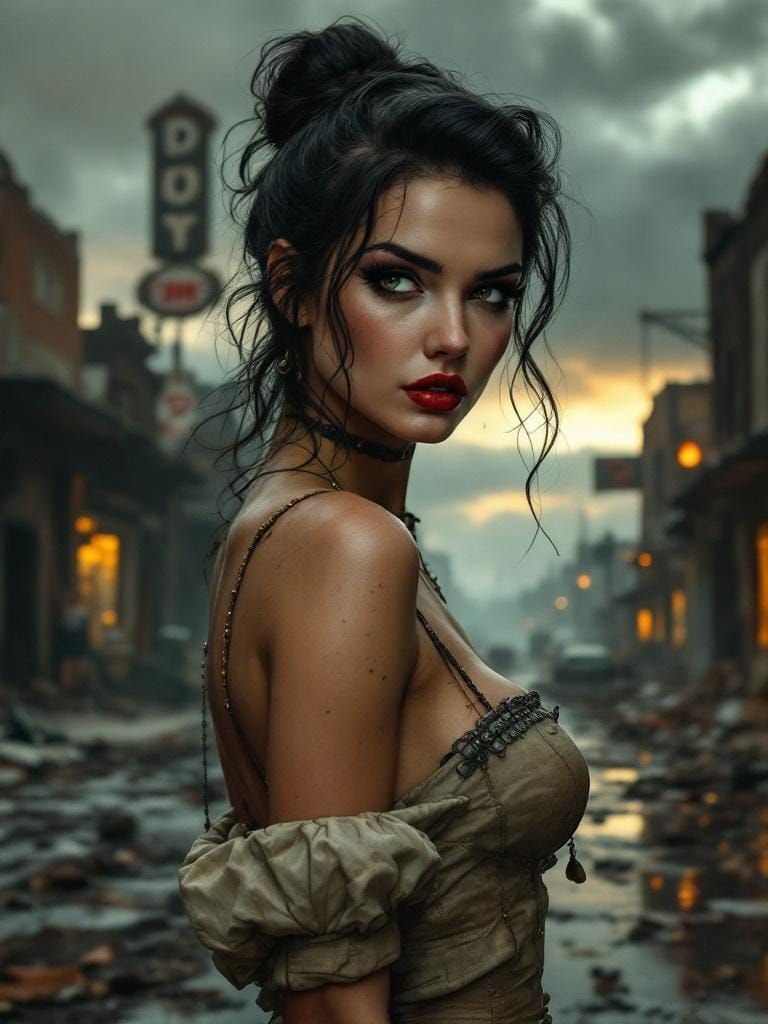 Post-Apocalyptic Pin-Up Girl in Ruined City