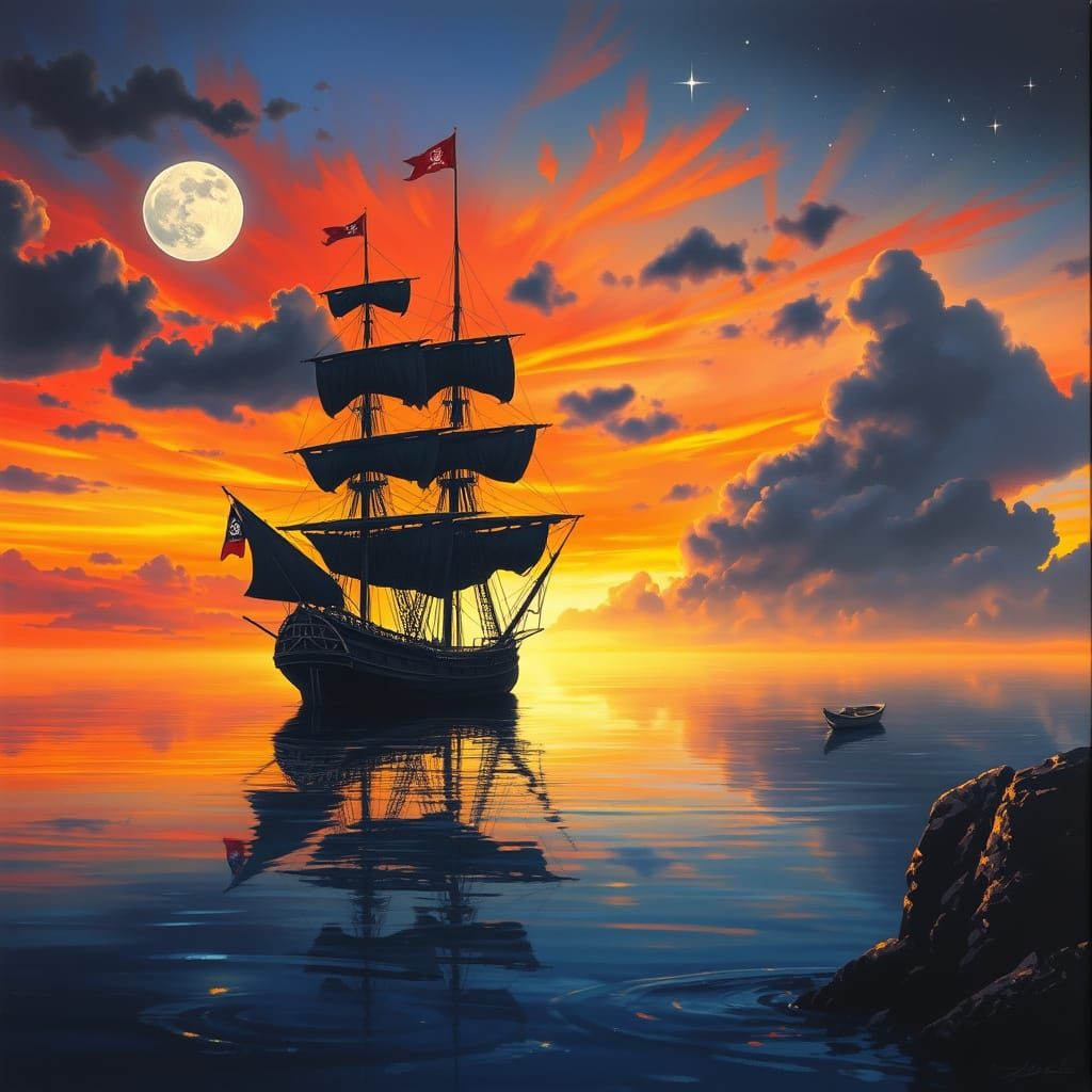 Majestic Galleon Sailing Under Dramatic Dawn Sky