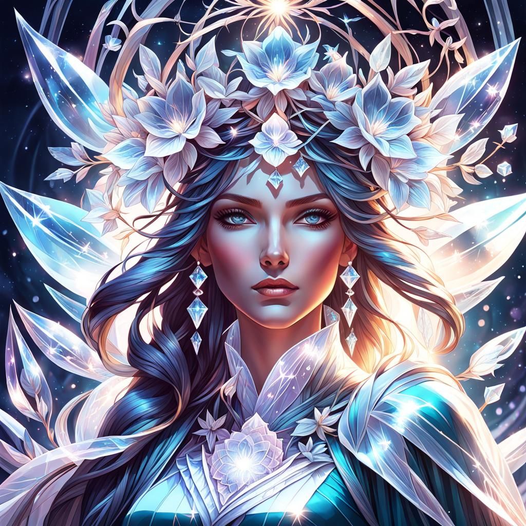 Ethereal Crystal Woman in Moonlight, Hyperdetailed Art