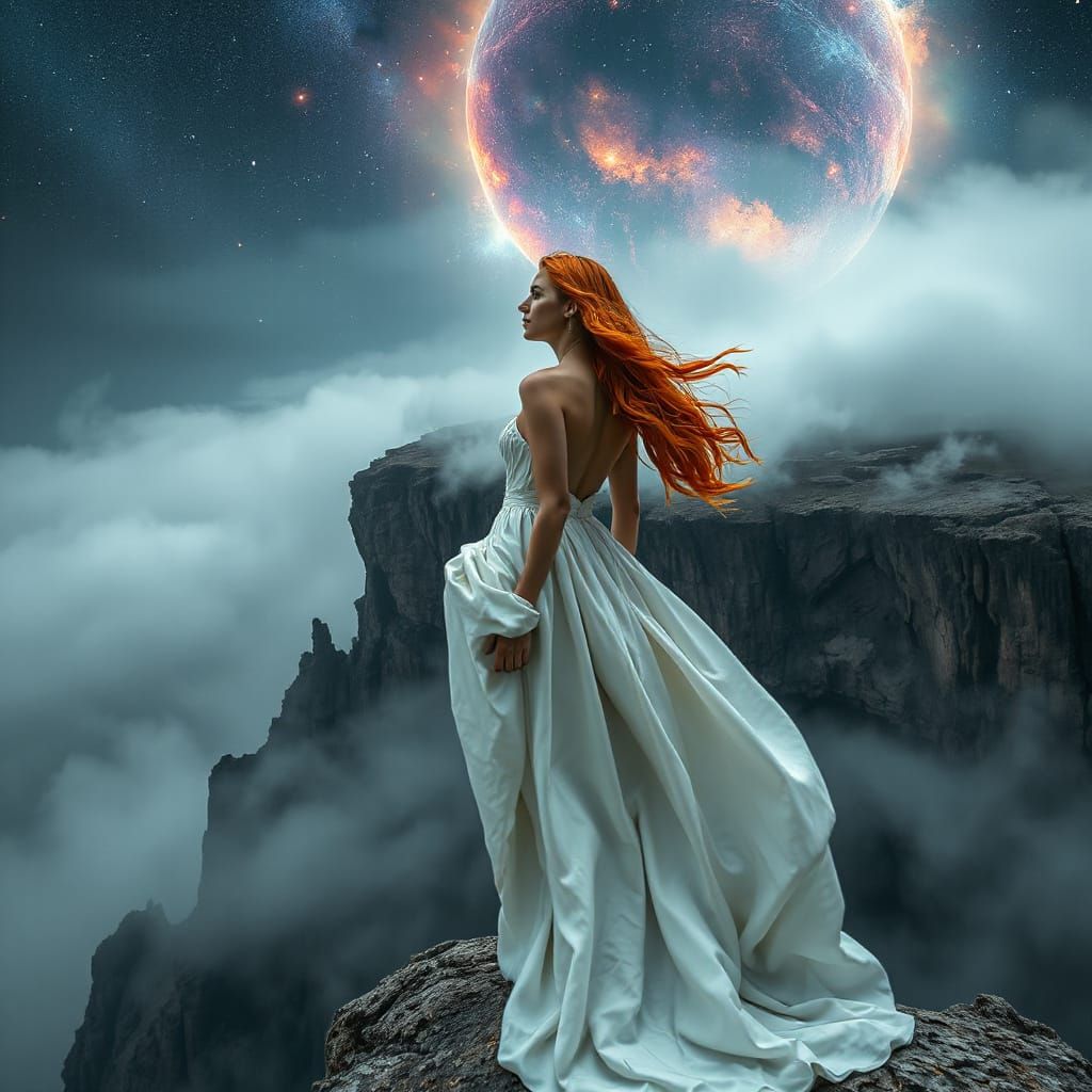 Cosmic Cliffside: Woman in White Gown, Dark Futurism