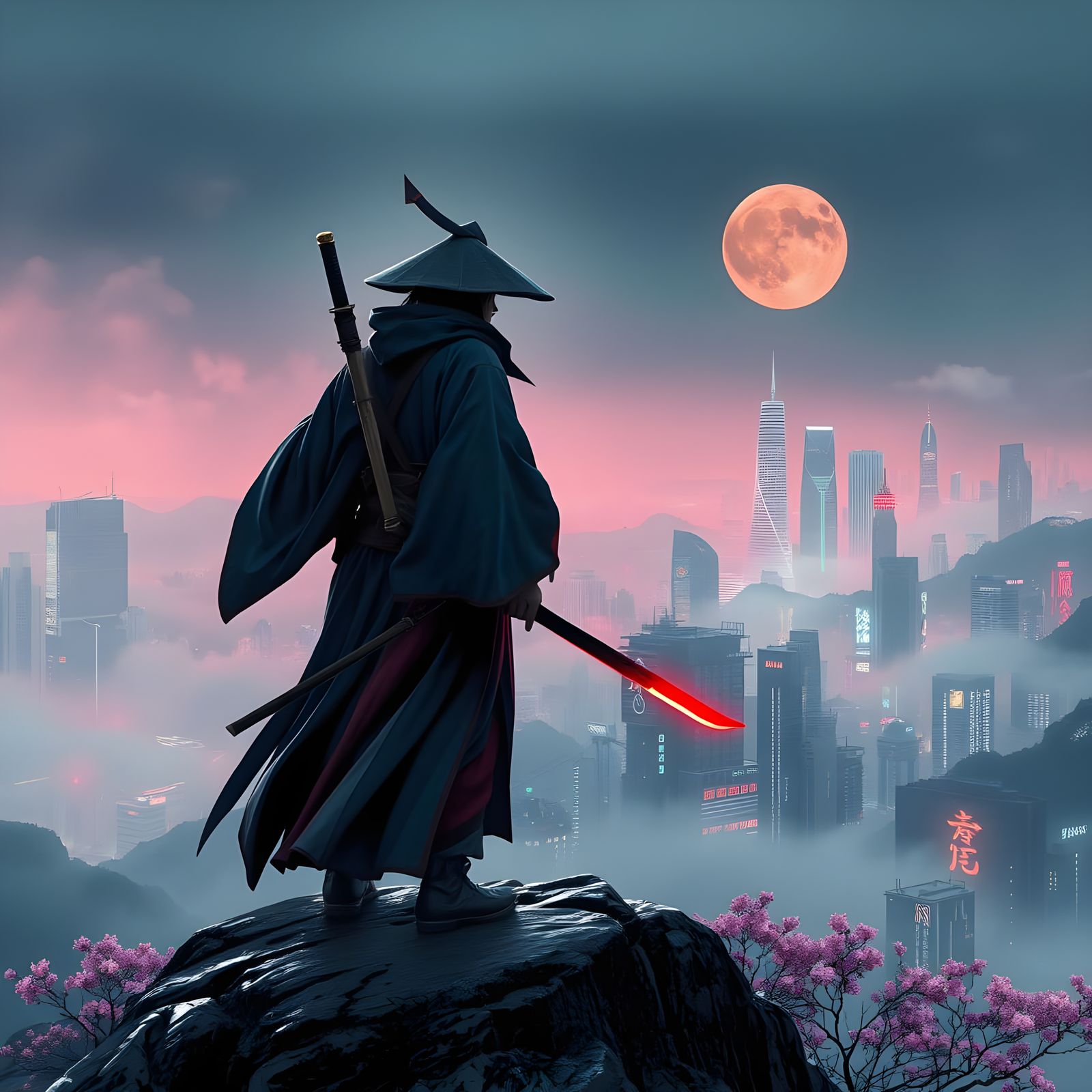 Cyberpunk Wizard Overlooking Neon Metropolis