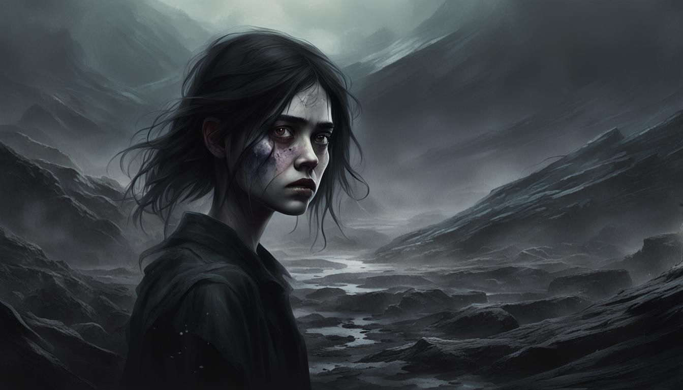 Eerie Ghostly Girl in Dark Fantasy Landscape