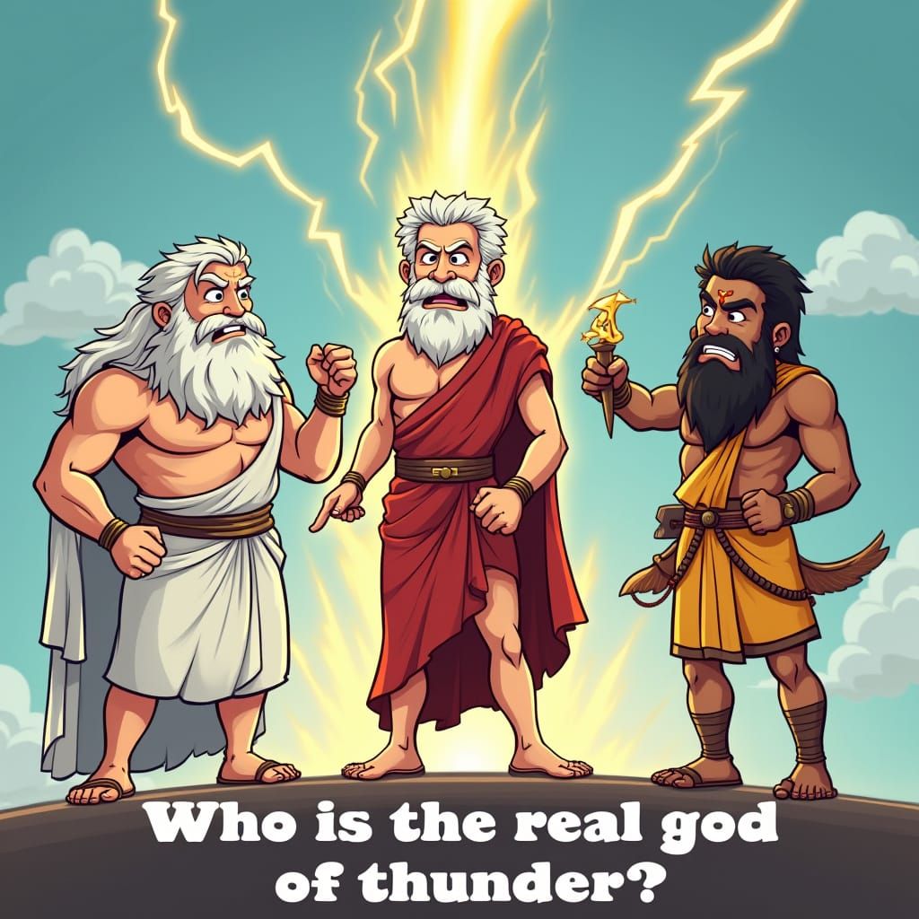 Three Gods Engage in Comedic Blame-Shifting in a Bright, Car...