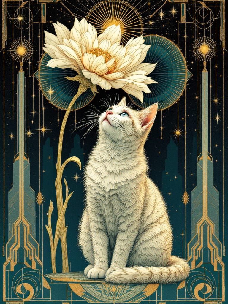 Art Deco Cat Blooms Under Luminous Flower