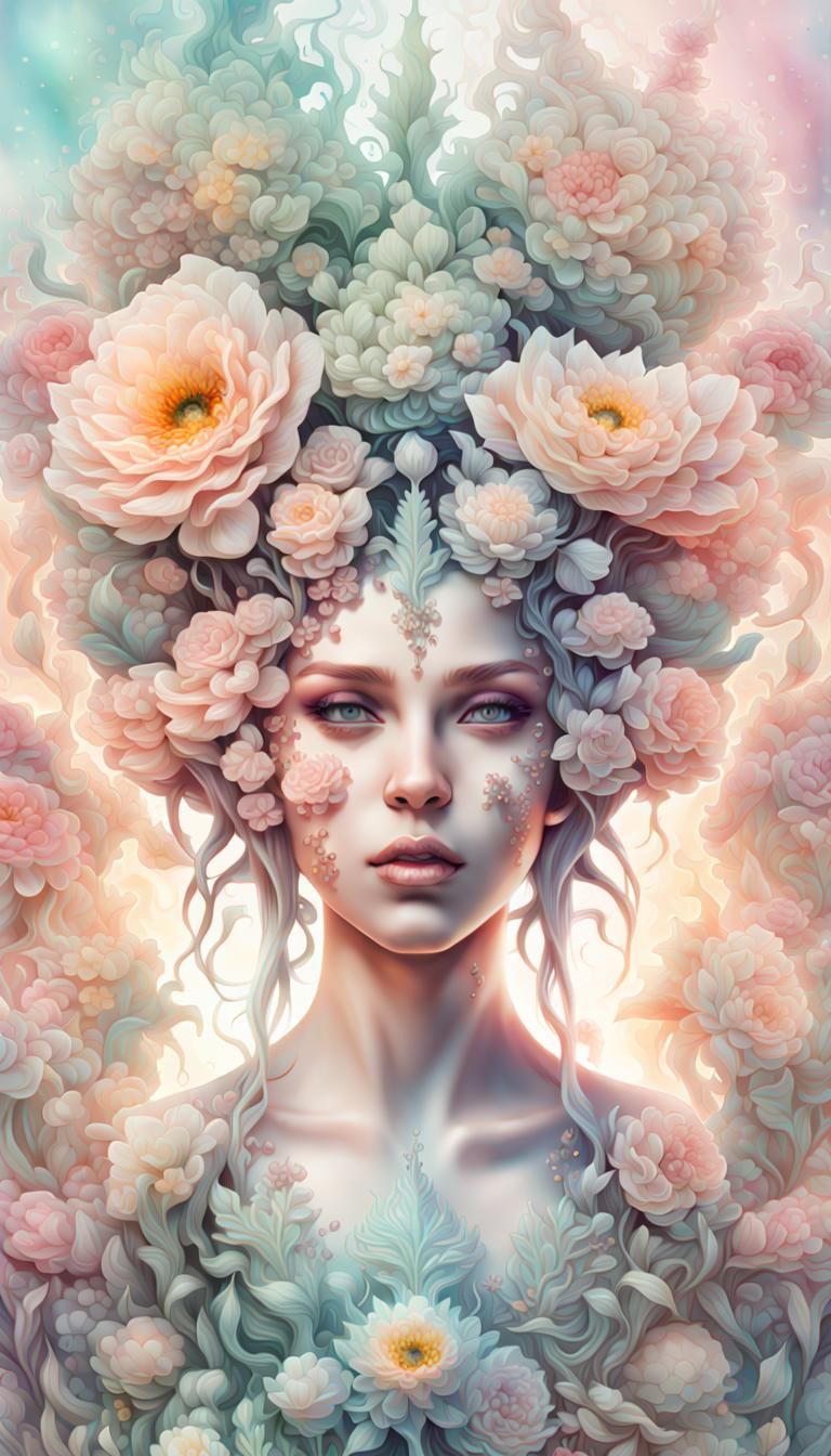 Pastel Goddess in Flowering Pandemonium: Watercolor Art