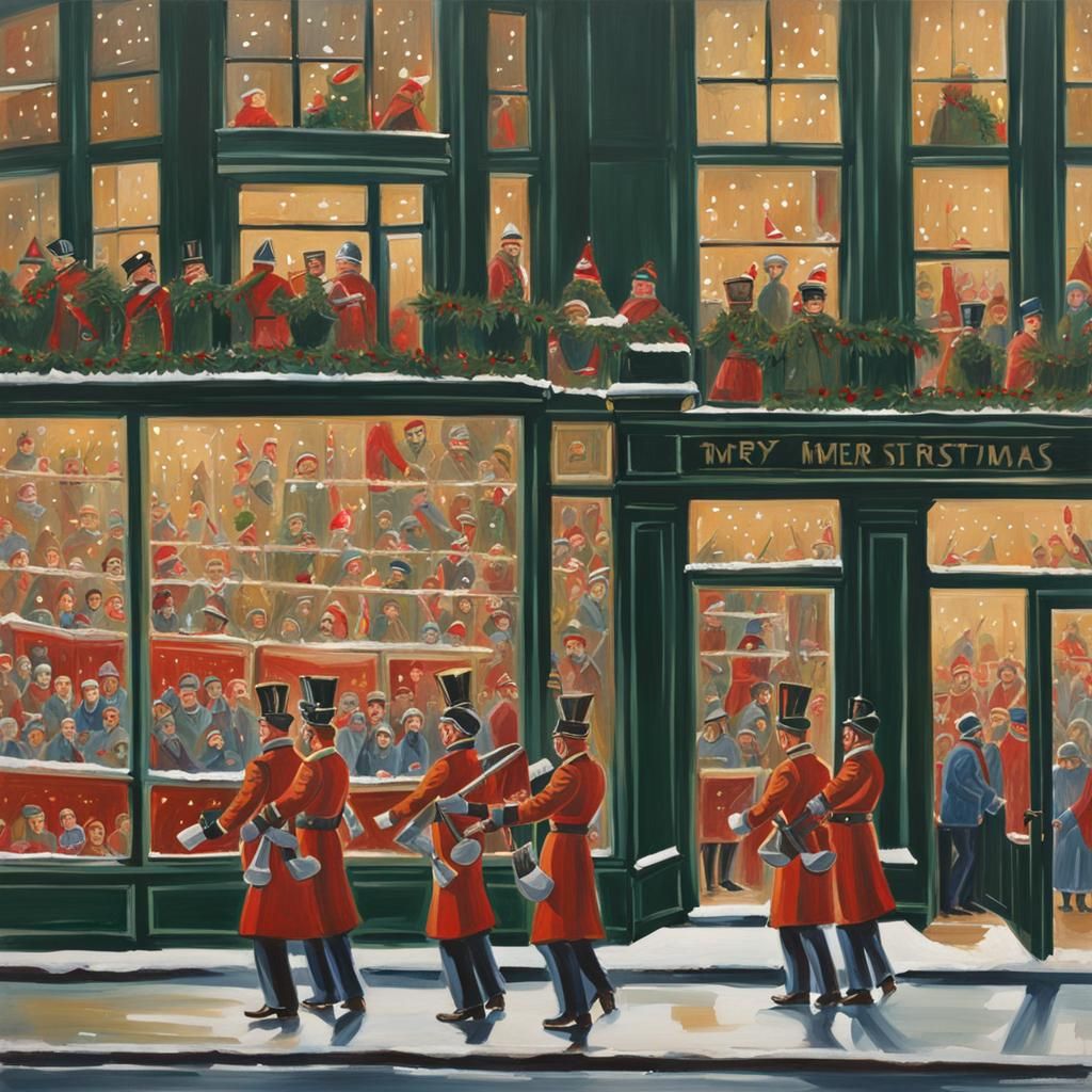 Toy soldiers marching in Christmas window and people peer in