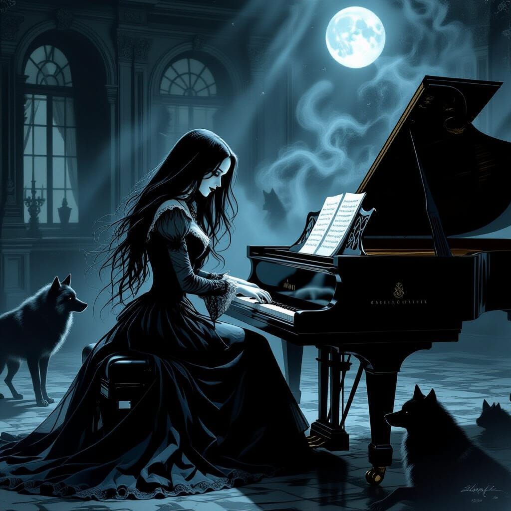 Ghostly Pianist in Haunted Mansion, Gothic Horror Style