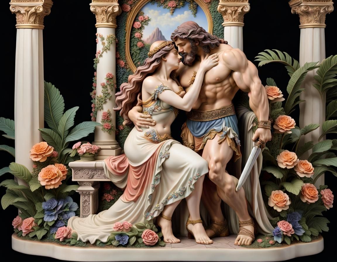 A beautiful bisque statue of Samson and Delilah