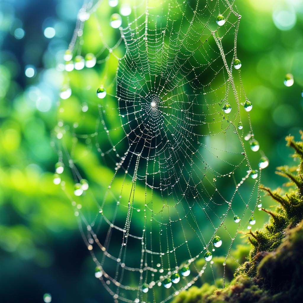 Dew Drops on Spider Web in Morning Sunlight