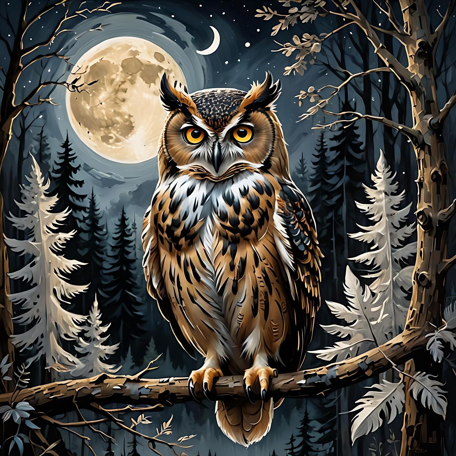 Owl in Moonlit Forest: Tachisme Brushwork