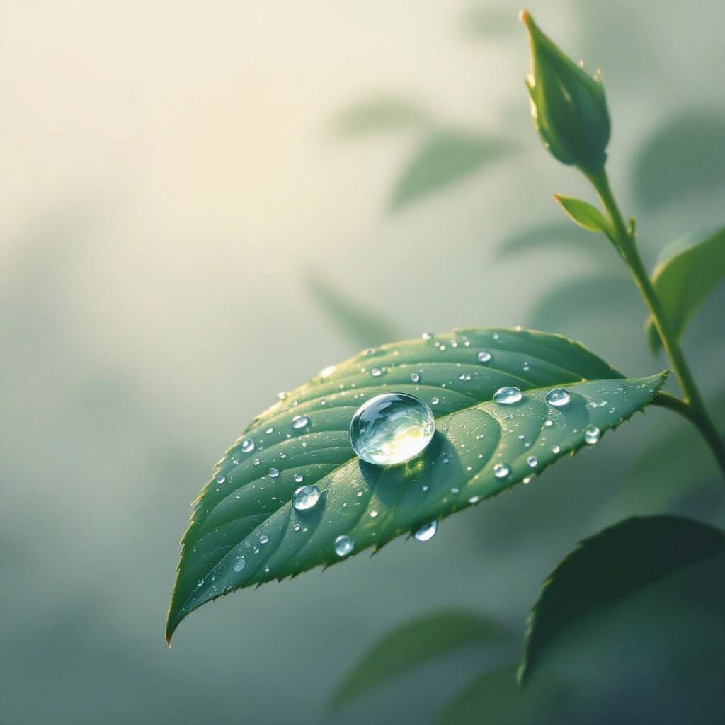 Dewdrop on Leaf: Impressionist Misty Morning