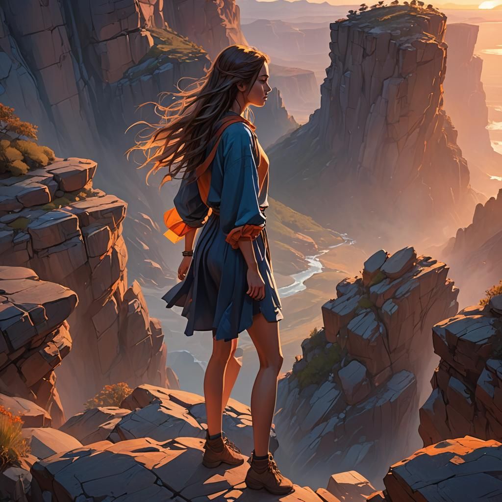 Girl on Cliff at Sunset: Digital Matte Painting