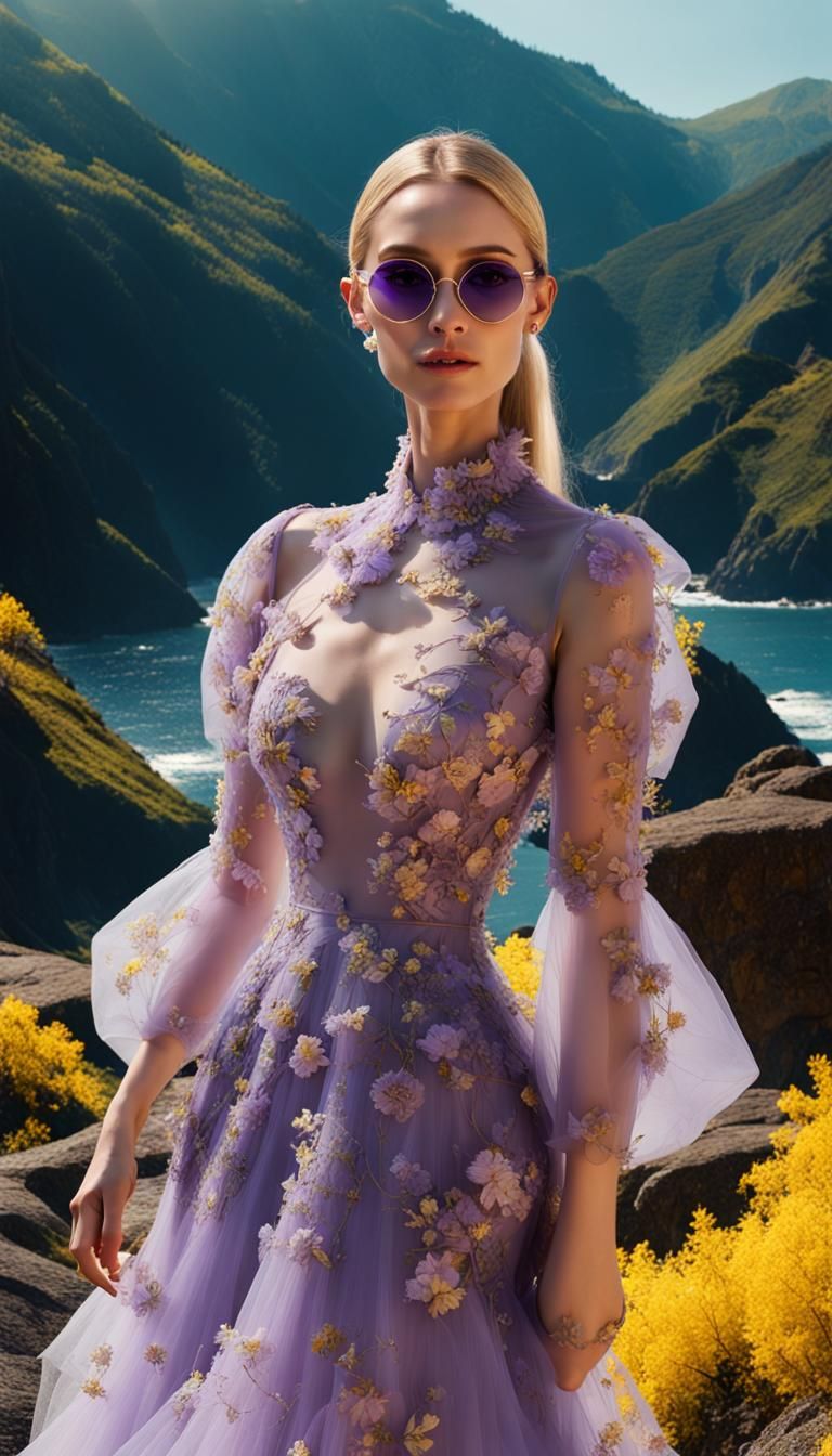 Blonde Model in Purple Gown on Sunny Beach