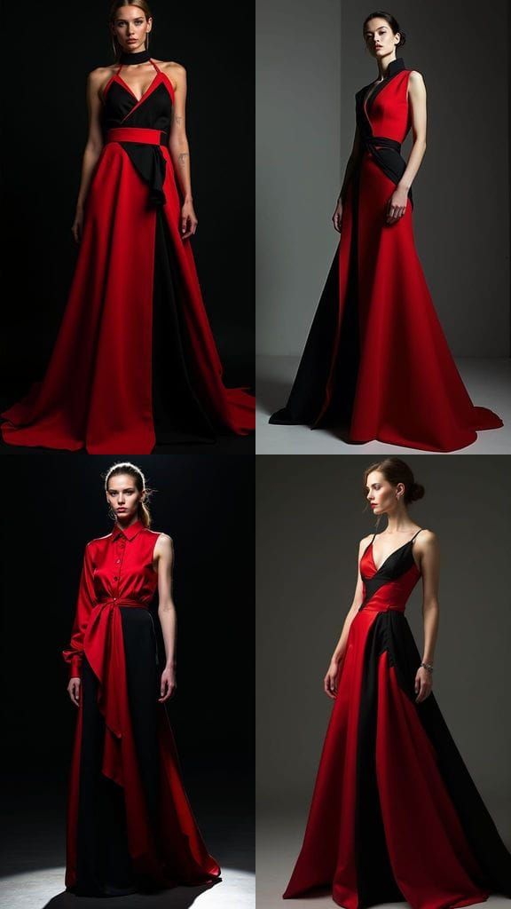 Model in Red and Black Full Length Dress