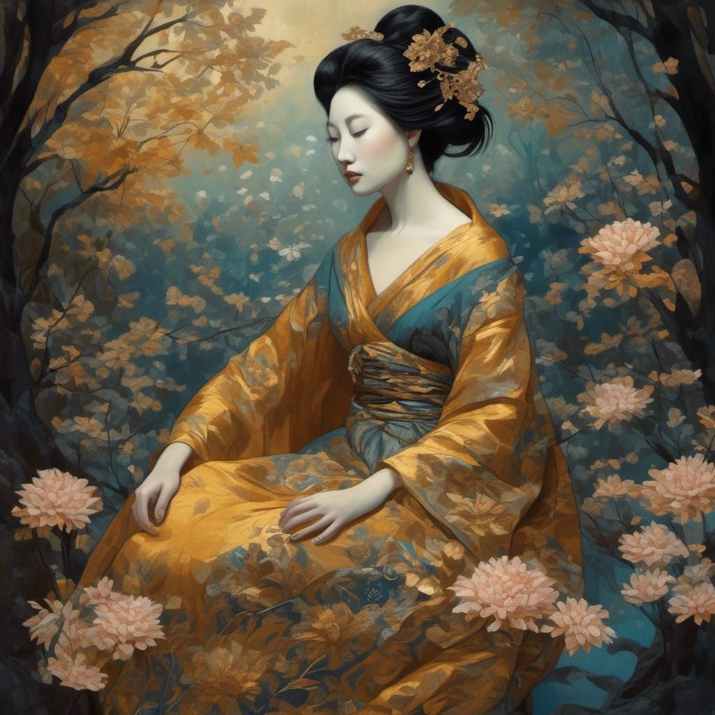 Ornate Geisha in Rainbow Dress, Sumi-e Art