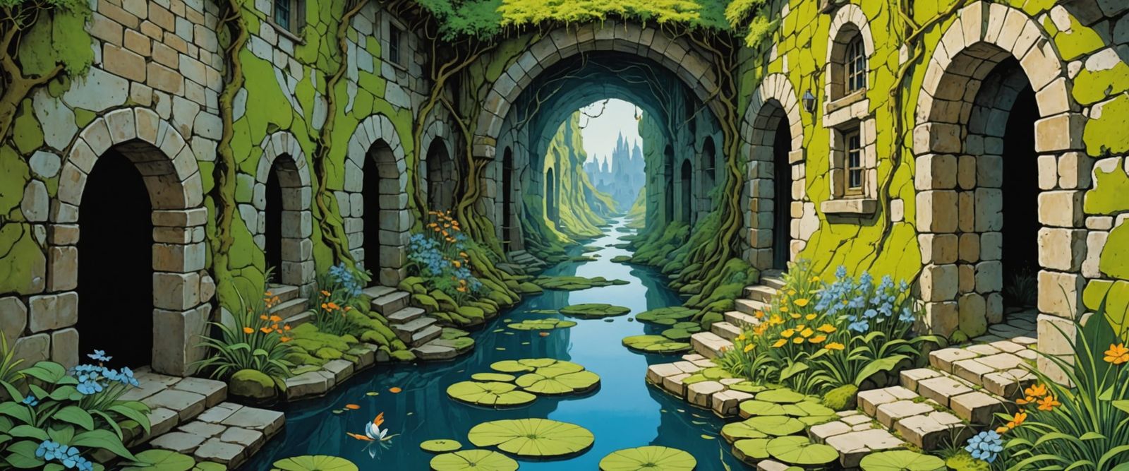 Goblin in Swamp with Colorful Stone Walls, Watercolor