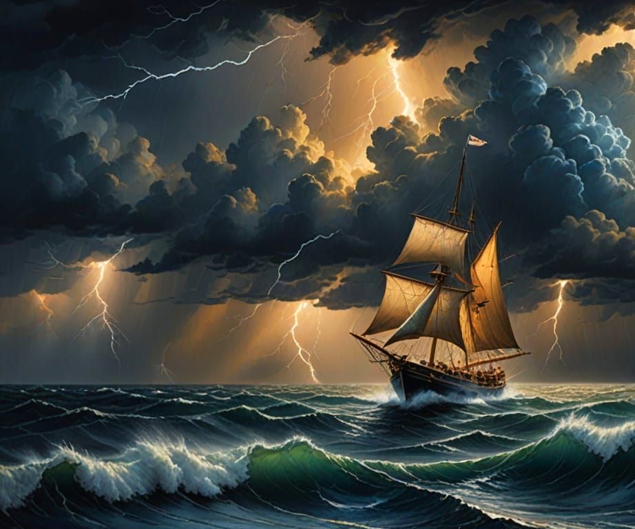 very small sailboat on rough seas with white caps, clouds and lightning.