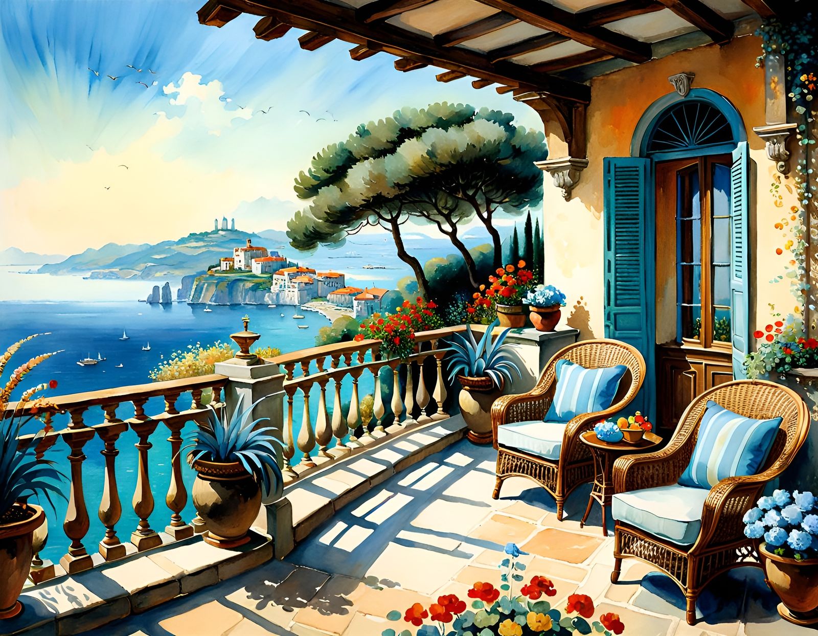 Italian Villa Balcony Overlooking the Sea