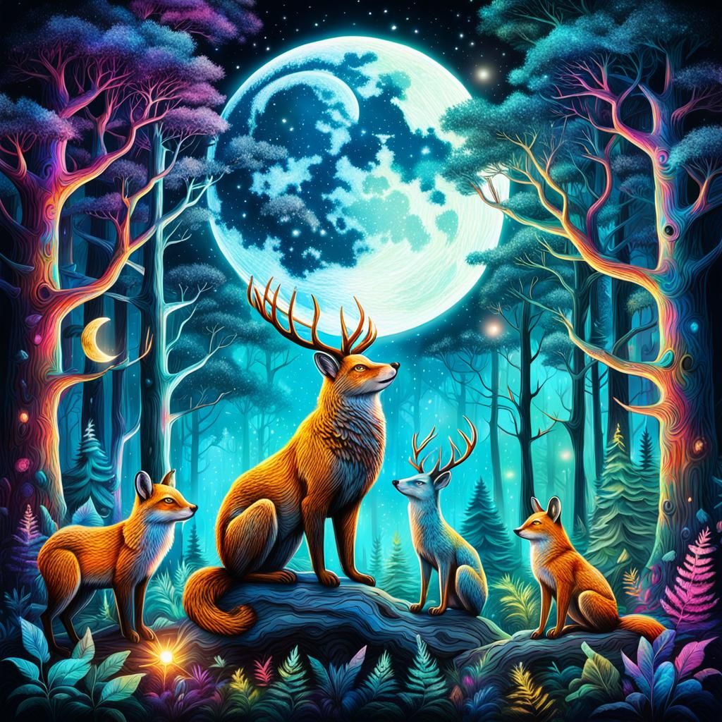 Magical Forest Animals under Shining Moon