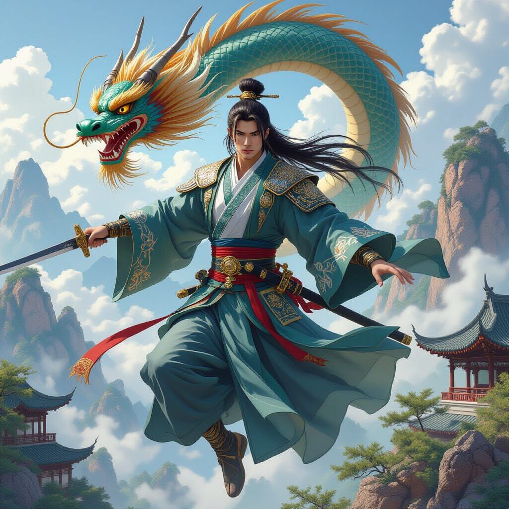Chinese Man with Dragon in Digital Art Style