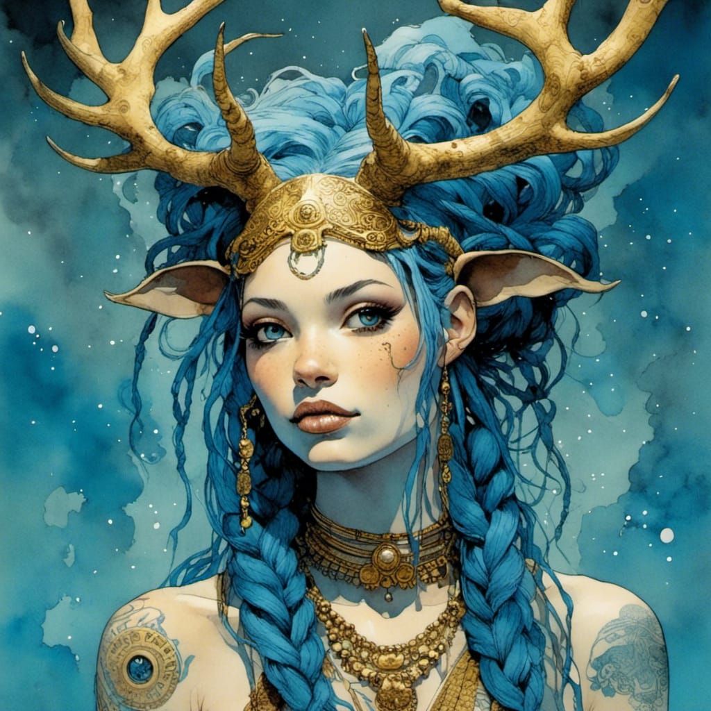 Golden Blue Girl With Antlers and Tattoos