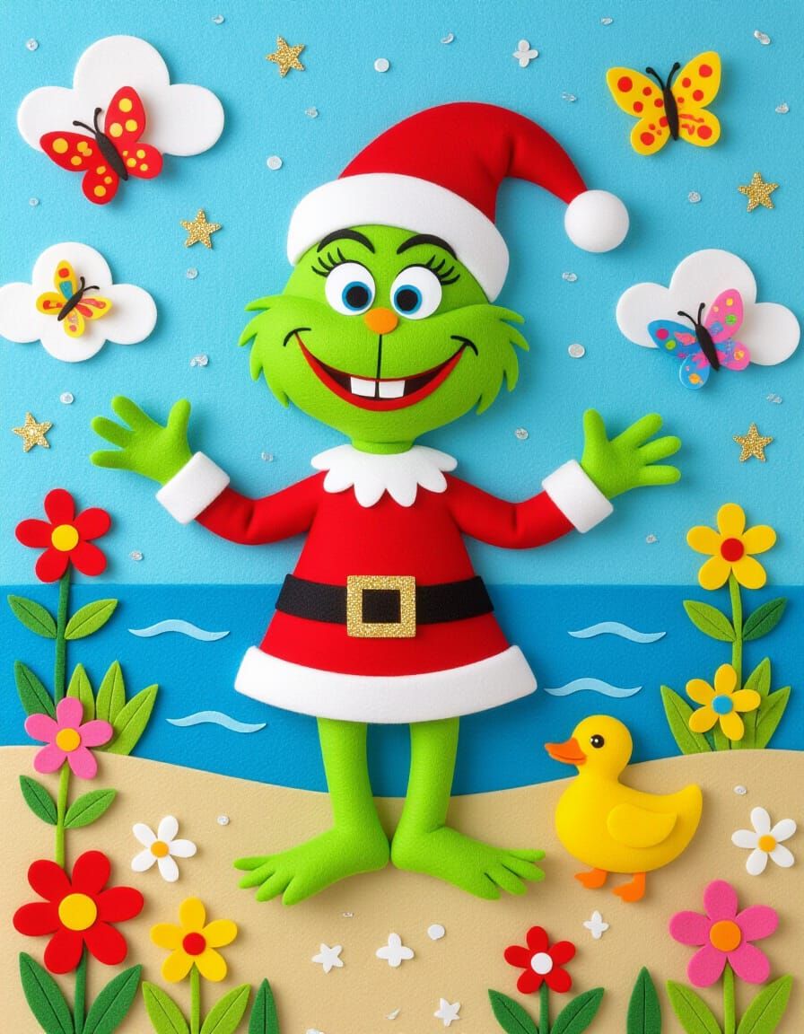 Felt Art Grinch Enjoys Colorful Beach Holiday