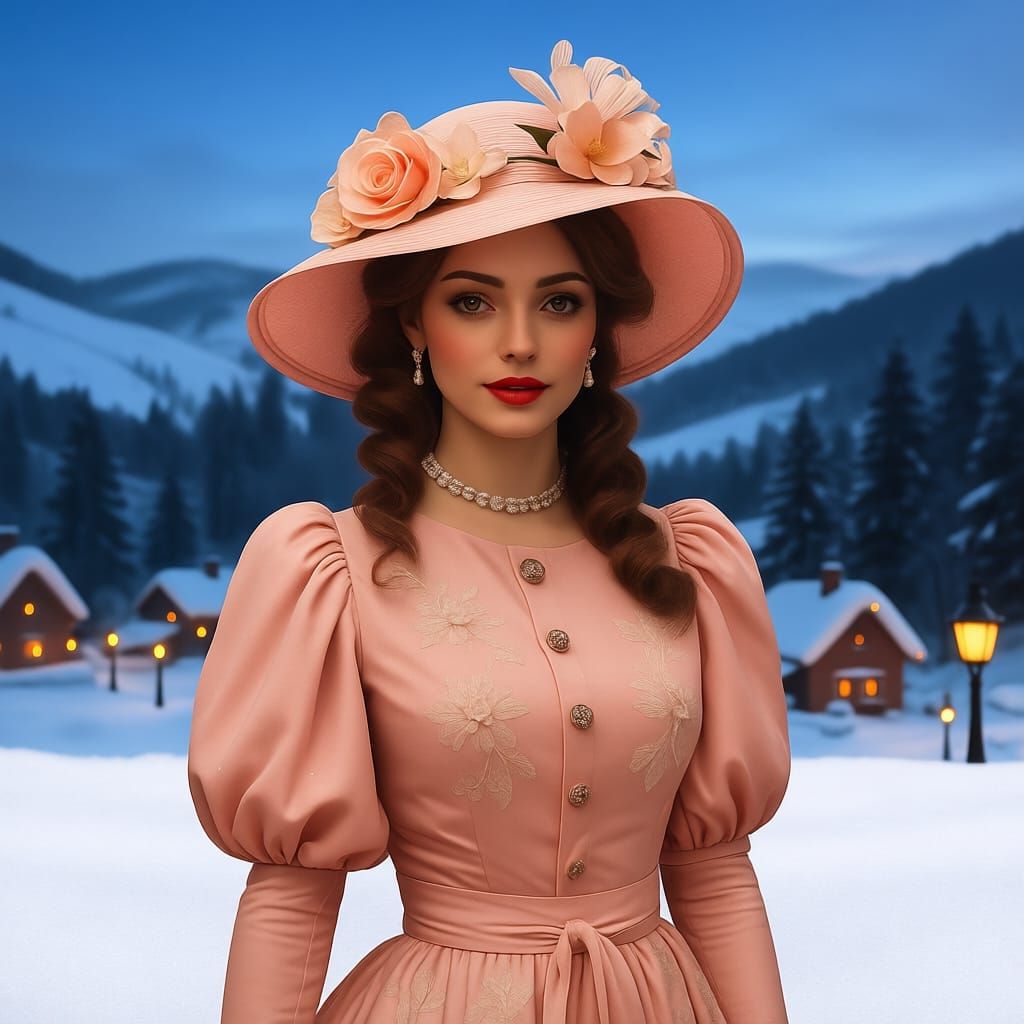 A Victorian-Era Woman Strolls Through Snowy Streets
