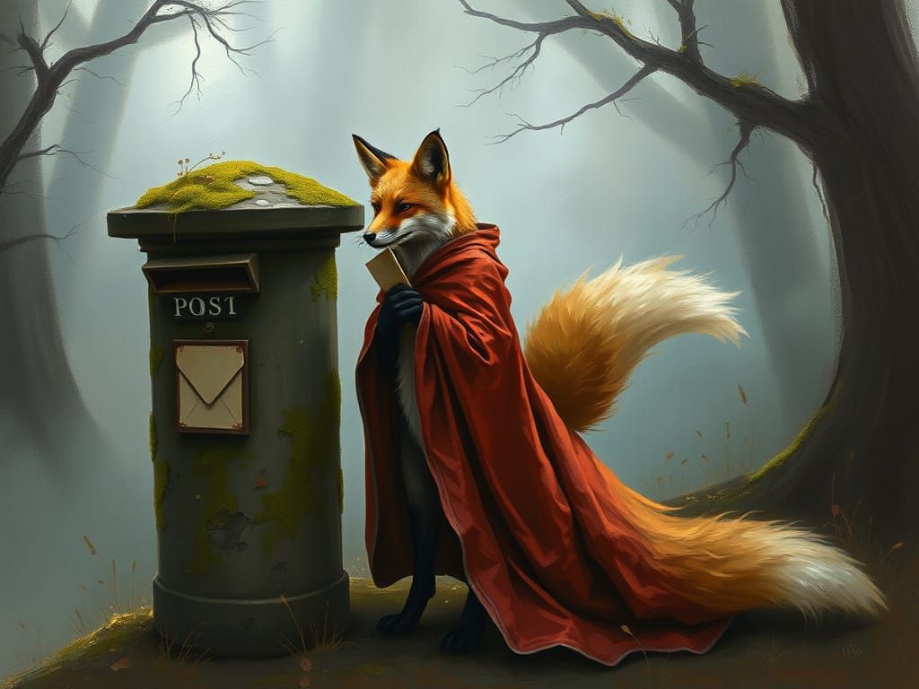 Fox with Letter in Misty Countryside, Impasto Style