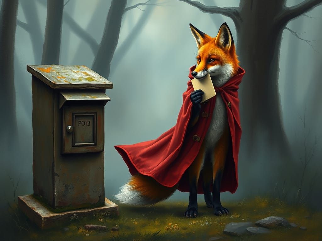 Fox with Letter in Misty Forest, Impasto Style