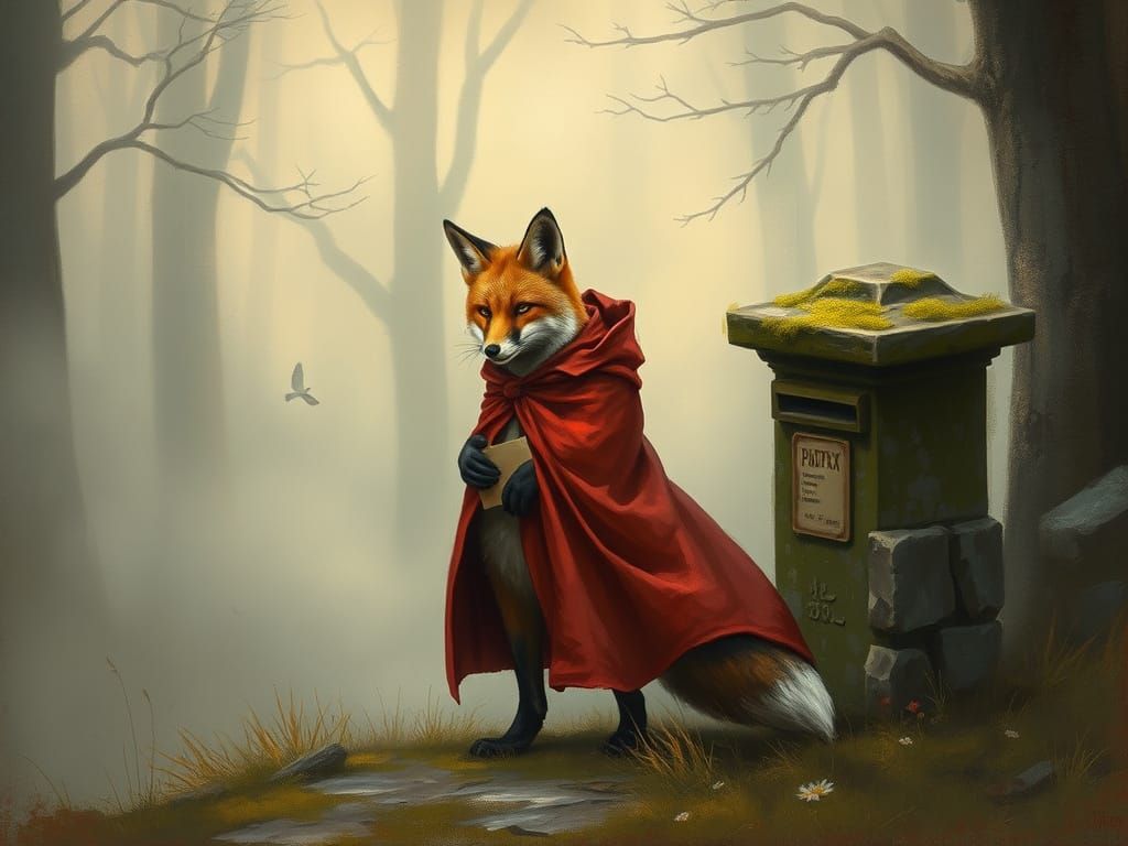 Mystical Fox with Letter in Foggy Landscape